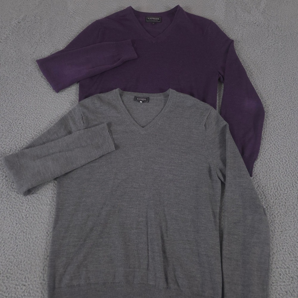 LOT‎ OF 2 Express Sweater Mens L Purple Gray Merino Wool V-Neck Pullover Soft